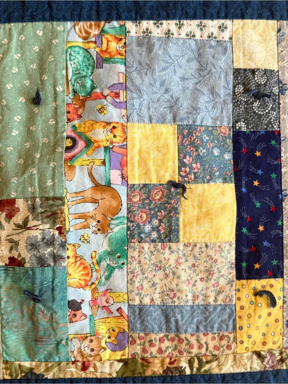 Handmade Patchwork Quilt 43”x 43” Throw in Blue and Multicolor